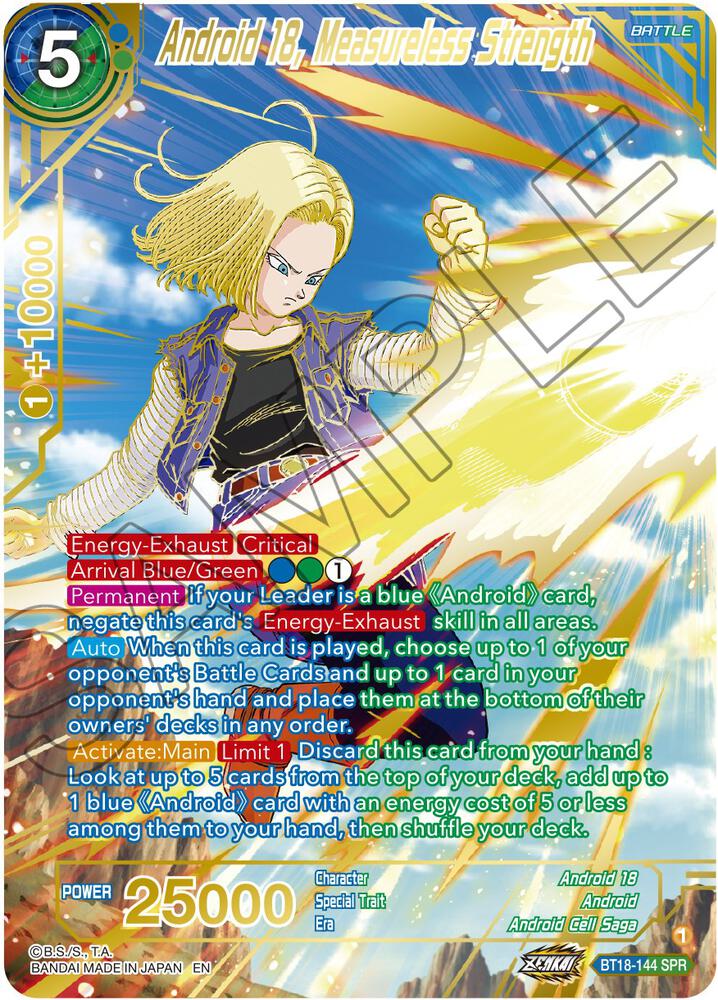 Android 18, Measureless Strength (SPR) BT18-144 card from Dawn of the Z-Legends