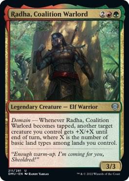 Radha, Coalition Warlord 211 card from Dominaria United