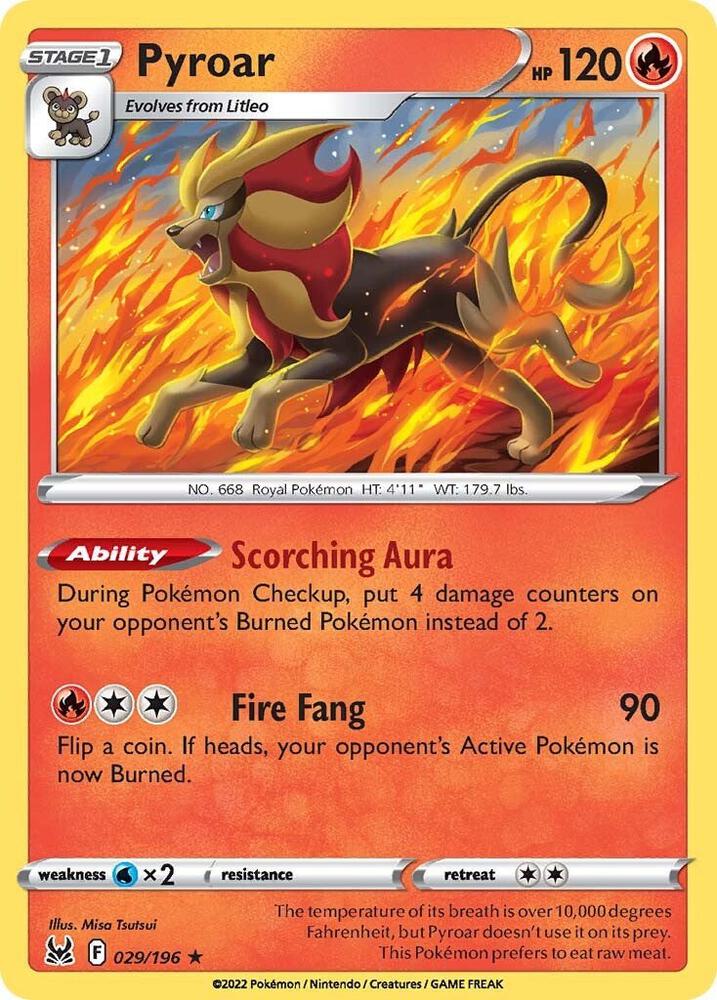 Pyroar 029/196 card from SWSH11: Lost Origin