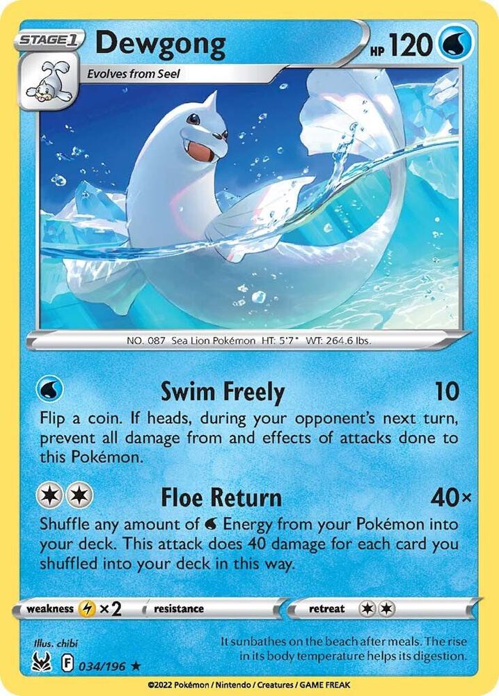 Dewgong 034/196 card from SWSH11: Lost Origin