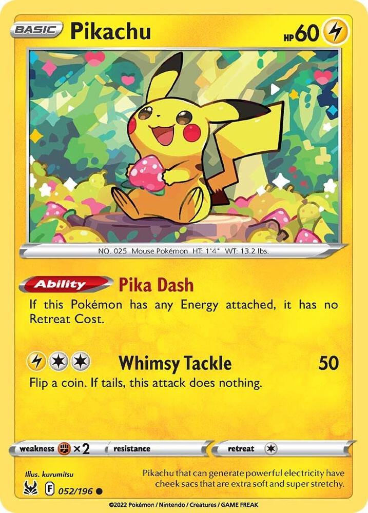 Pikachu 052/196 card from SWSH11: Lost Origin