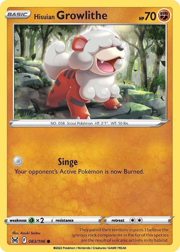 Hisuian Growlithe 083/196 card from SWSH11: Lost Origin