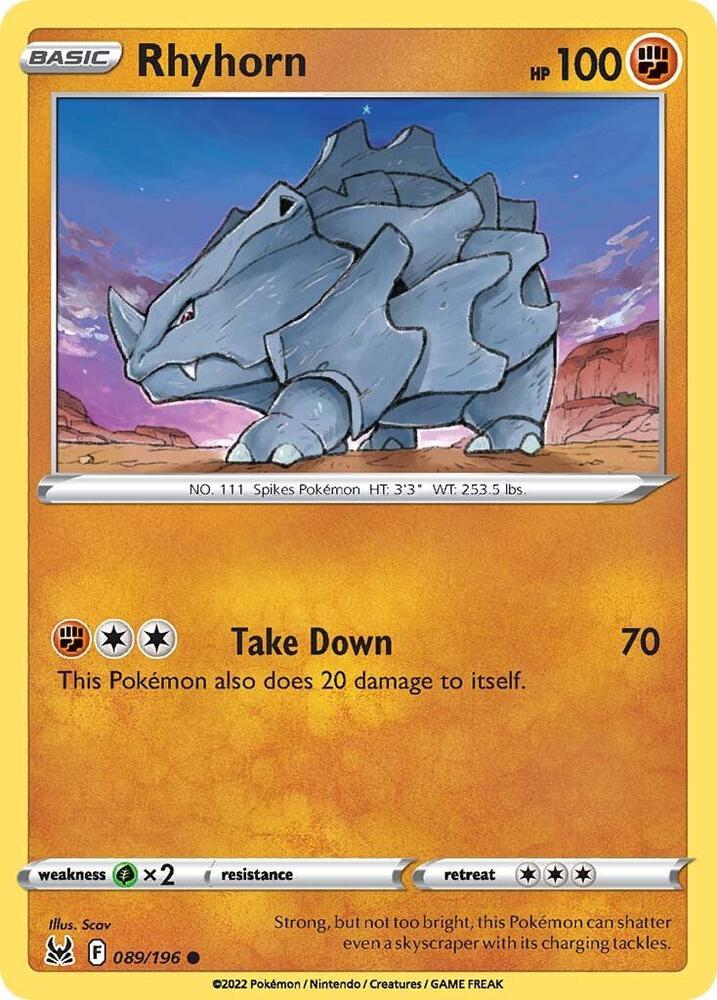 Rhyhorn 089/196 card from SWSH11: Lost Origin