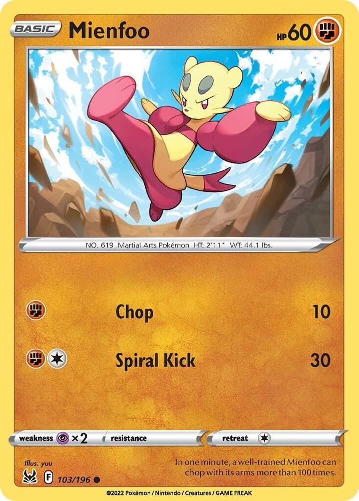 Mienfoo 103/196 card from SWSH11: Lost Origin