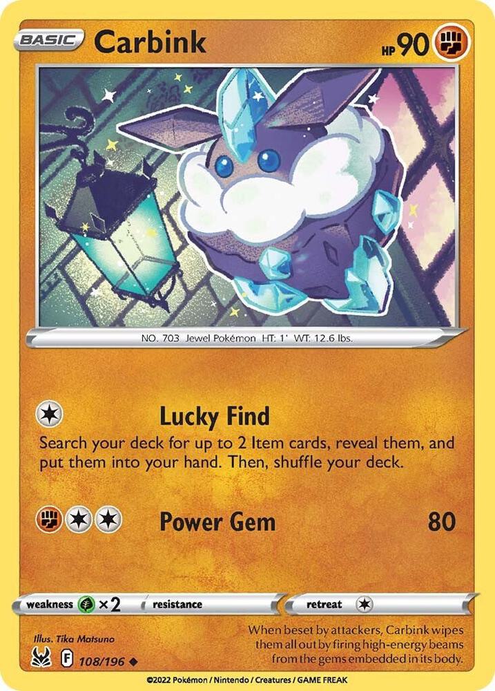 Carbink 108/196 card from SWSH11: Lost Origin