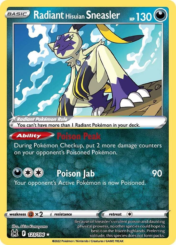 Radiant Hisuian Sneasler 123/196 card from SWSH11: Lost Origin