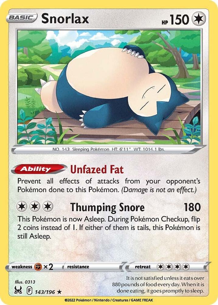 Snorlax 143/196 card from SWSH11: Lost Origin