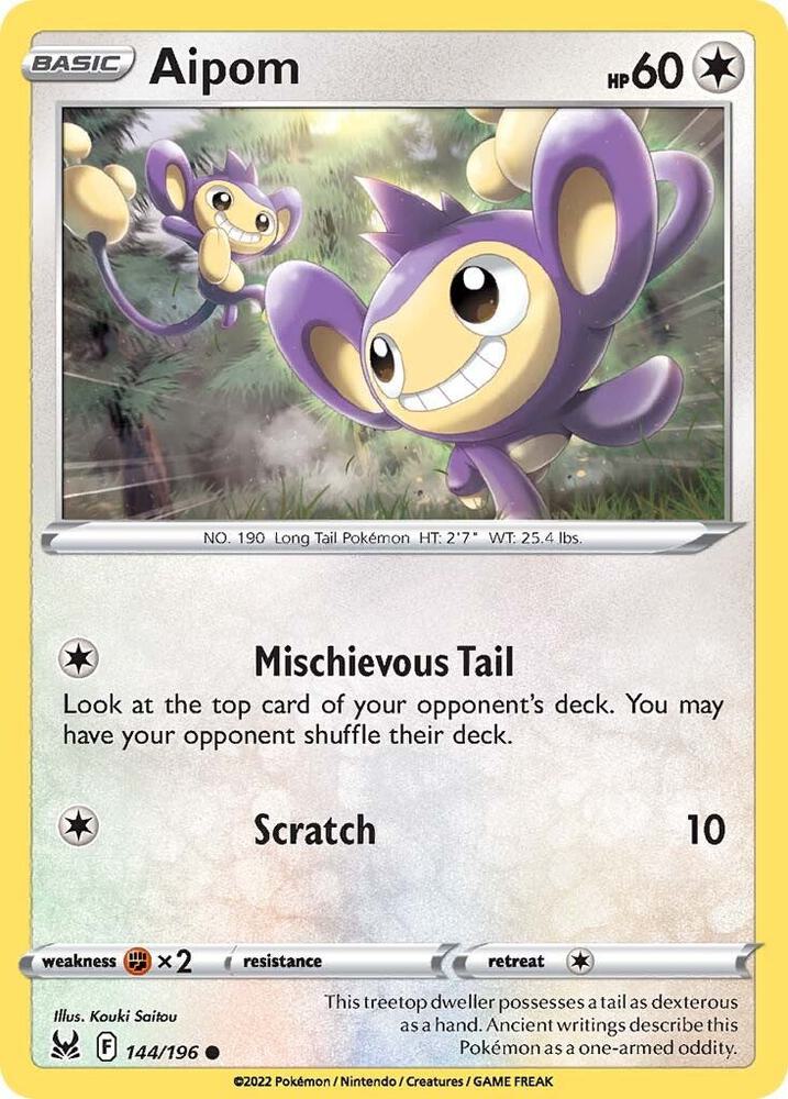 Aipom 144/196 card from SWSH11: Lost Origin
