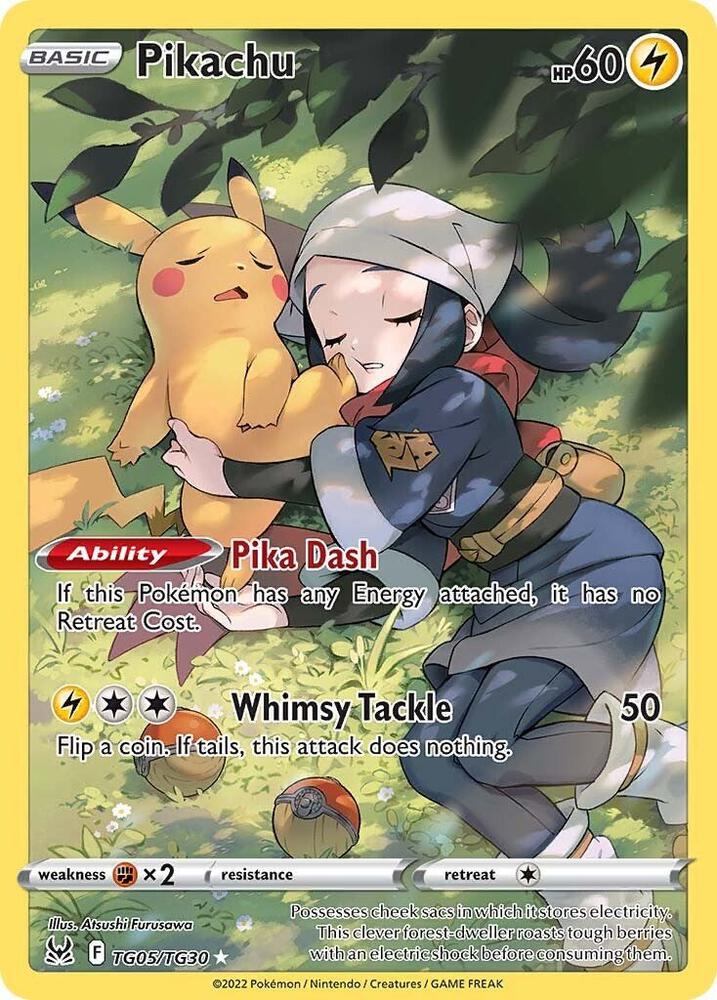 Pikachu TG05/TG30 card from SWSH11: Lost Origin Trainer Gallery