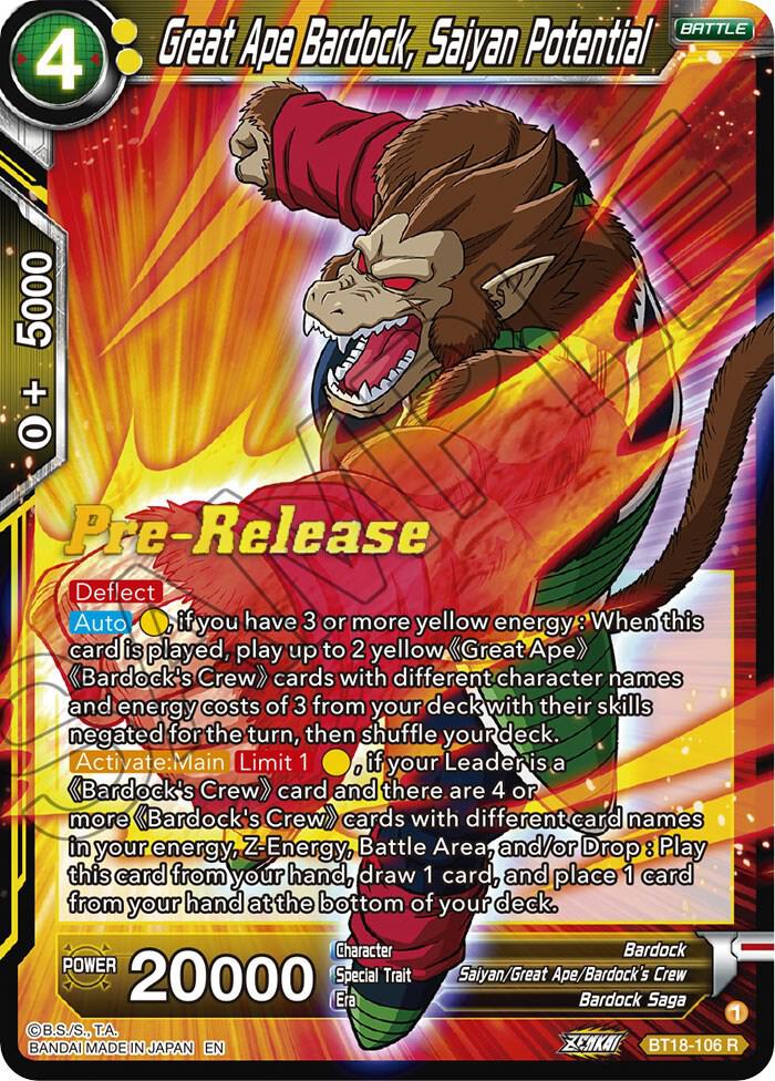 Great Ape Bardock, Saiyan Potential BT18-106 card from Dawn of the Z-Legends Pre-Release Cards