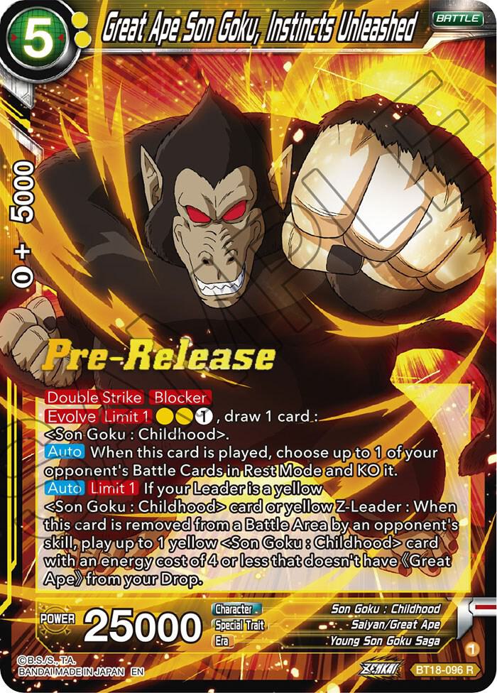 Great Ape Son Goku, Instincts Unleashed BT18-096 card from Dawn of the Z-Legends Pre-Release Cards