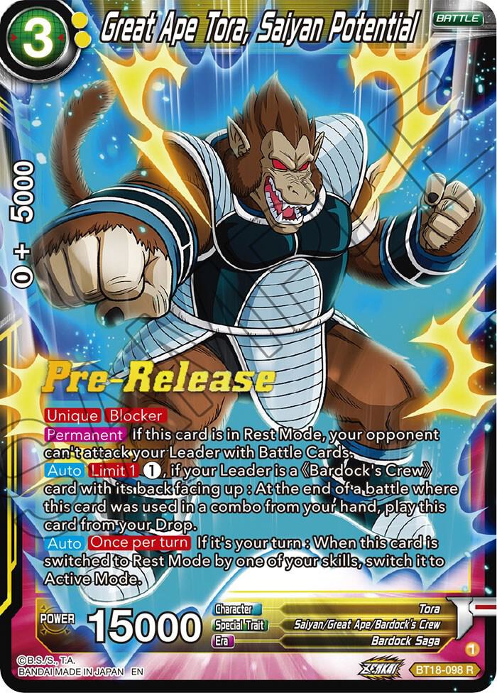 Great Ape Tora, Saiyan Potential BT18-098 card from Dawn of the Z-Legends Pre-Release Cards