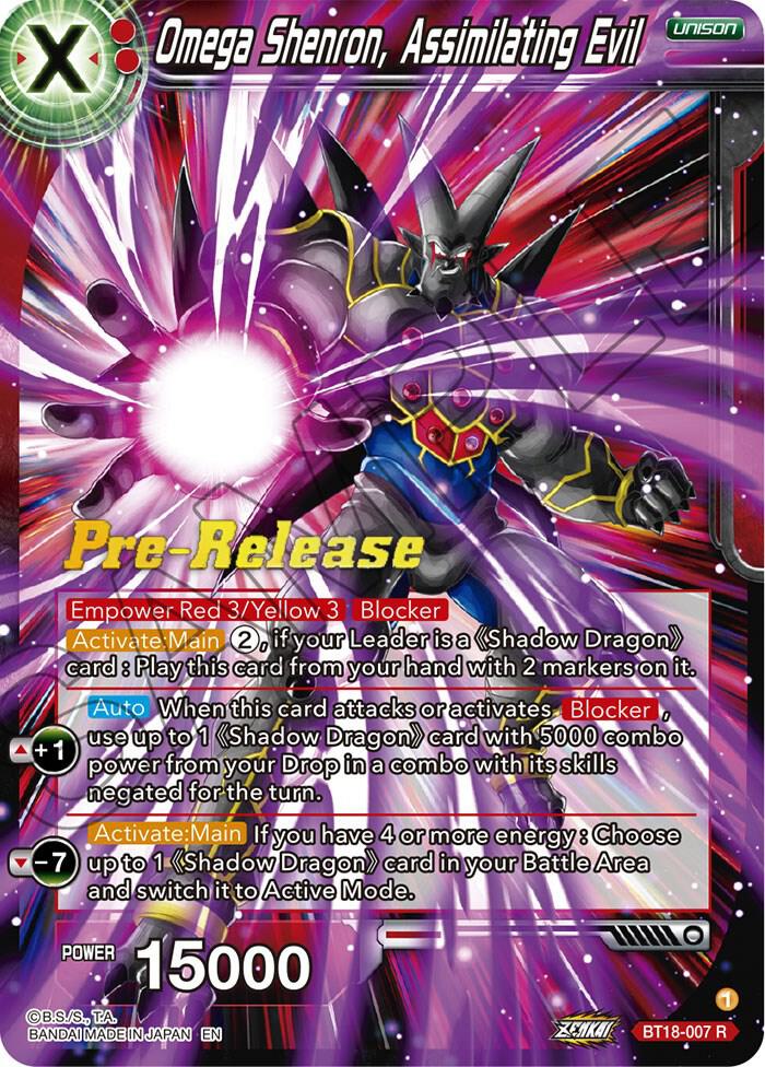 Omega Shenron, Assimilating Evil BT18-007 card from Dawn of the Z-Legends Pre-Release Cards