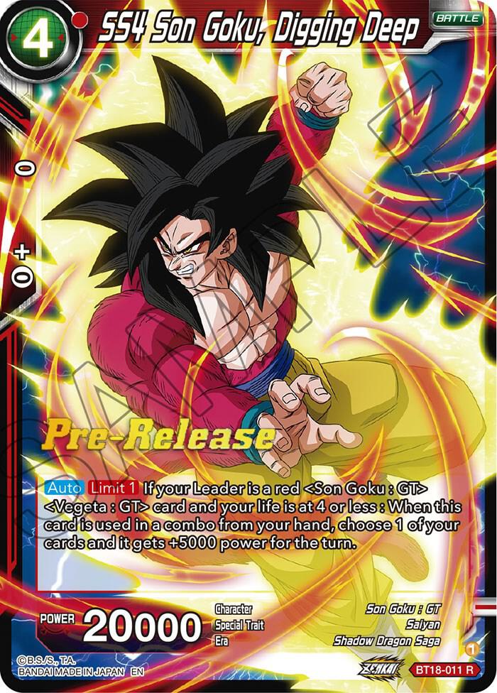 SS4 Son Goku, Digging Deep BT18-011 card from Dawn of the Z-Legends Pre-Release Cards