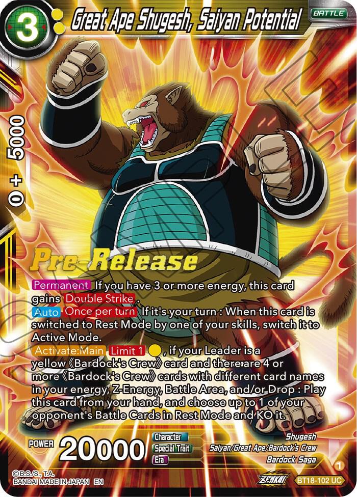 Great Ape Shugesh, Saiyan Potential BT18-102 card from Dawn of the Z-Legends Pre-Release Cards