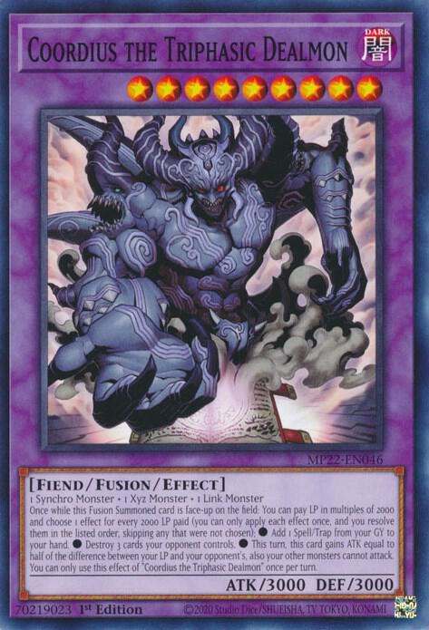 Coordius the Triphasic Dealmon MP22-EN046 card from 2022 Tin of the Pharaoh's Gods