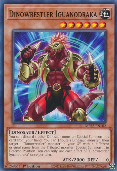 Dinowrestler Iguanodraka MP22-EN182 card from 2022 Tin of the Pharaoh's Gods