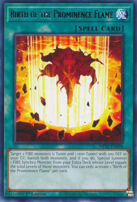 Birth of the Prominence Flame MP22-EN098 card from 2022 Tin of the Pharaoh's Gods