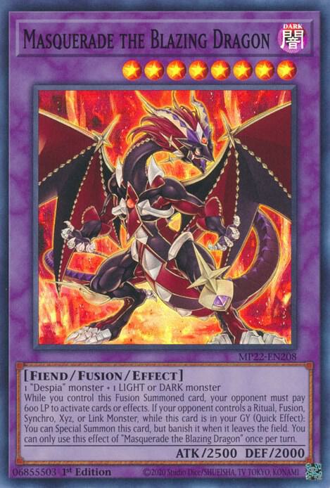 Masquerade the Blazing Dragon MP22-EN208 card from 2022 Tin of the Pharaoh's Gods