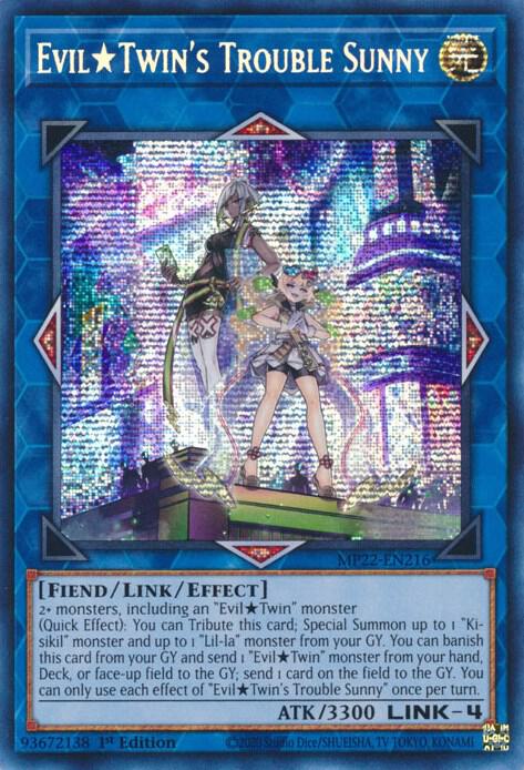 Evil Twin's Trouble Sunny MP22-EN216 card from 2022 Tin of the Pharaoh's Gods
