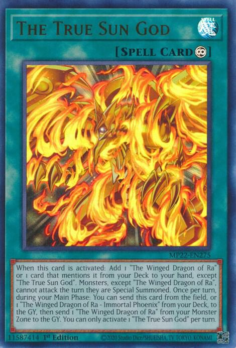 The True Sun God MP22-EN275 card from 2022 Tin of the Pharaoh's Gods