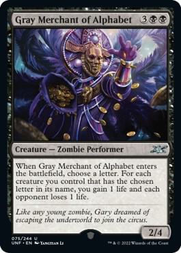 Gray Merchant of Alphabet 75 card from Unfinity
