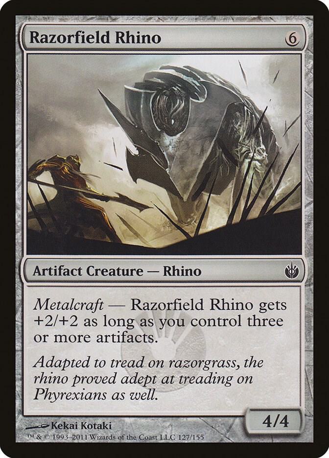 Razorfield Rhino 127 card from Mirrodin Besieged