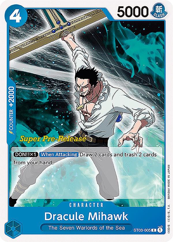 Dracule Mihawk ST03-005 card from Super Pre-Release Starter Deck 3: The Seven Warlords of the Sea
