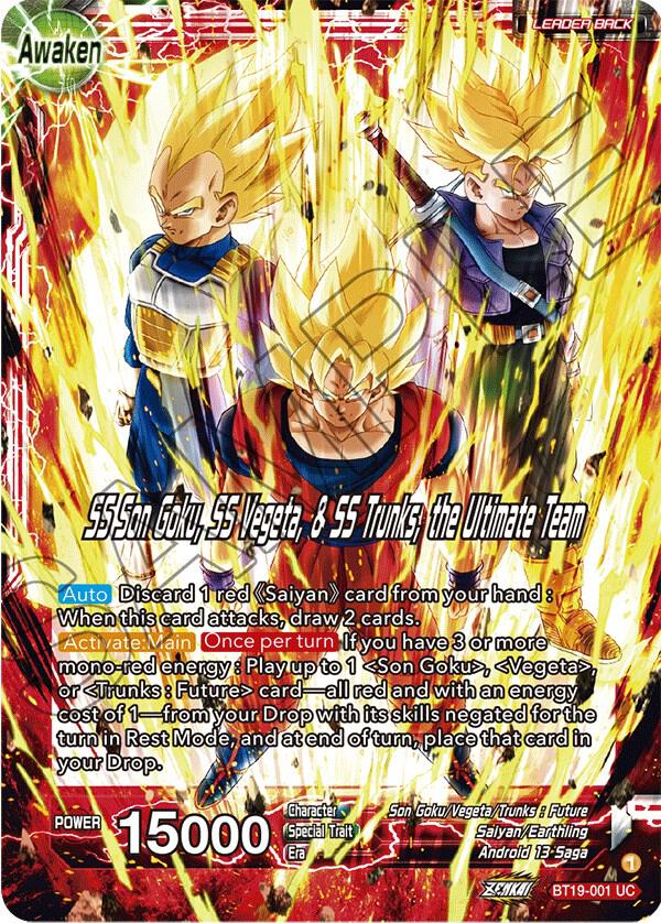 Son Goku & Vegeta & Trunks // SS Son Goku, SS Vegeta, & SS Trunks, the Ultimate Team BT19-001 card from Fighter's Ambition
