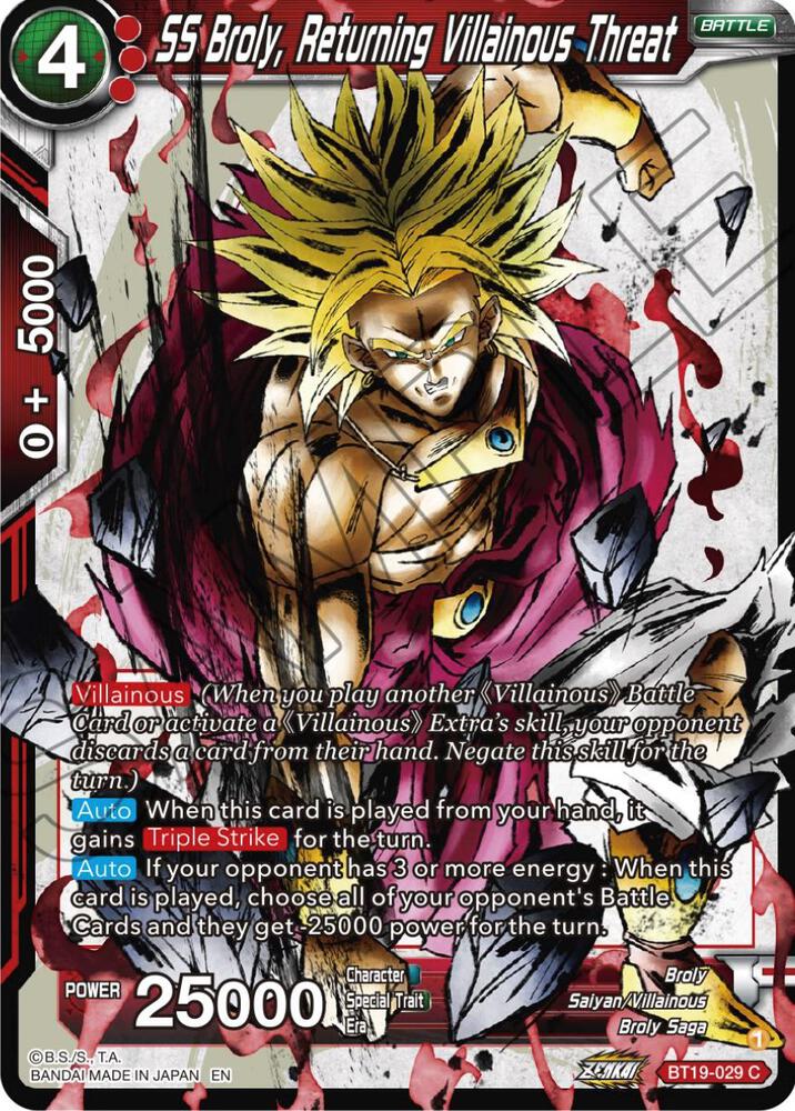 SS Broly, Returning Villainous Threat BT19-029 card from Fighter's Ambition