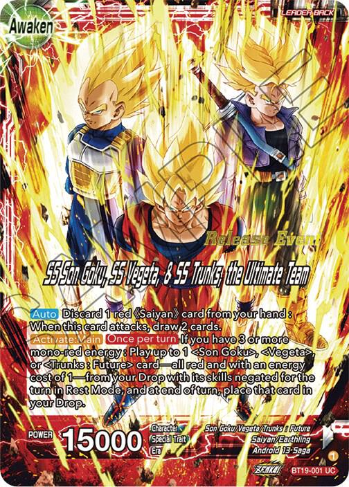 Son Goku & Vegeta & Trunks // SS Son Goku, SS Vegeta, & SS Trunks, the Ultimate Team (Fighter's Ambition Holiday Pack) BT19-001 card from Tournament Promotion Cards