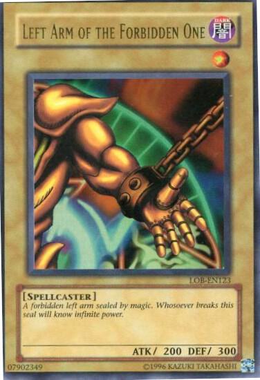 Left Arm of the Forbidden One LOB-EN123 card from Legend of Blue Eyes White Dragon (Worldwide English)