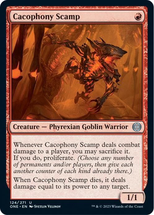 Cacophony Scamp 124 card from Phyrexia: All Will Be One