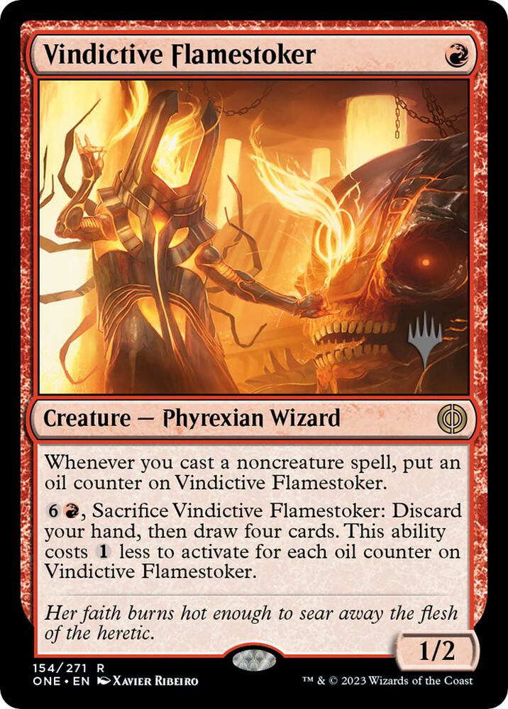 Vindictive Flamestoker 154 card from Promo Pack: Phyrexia: All Will Be One