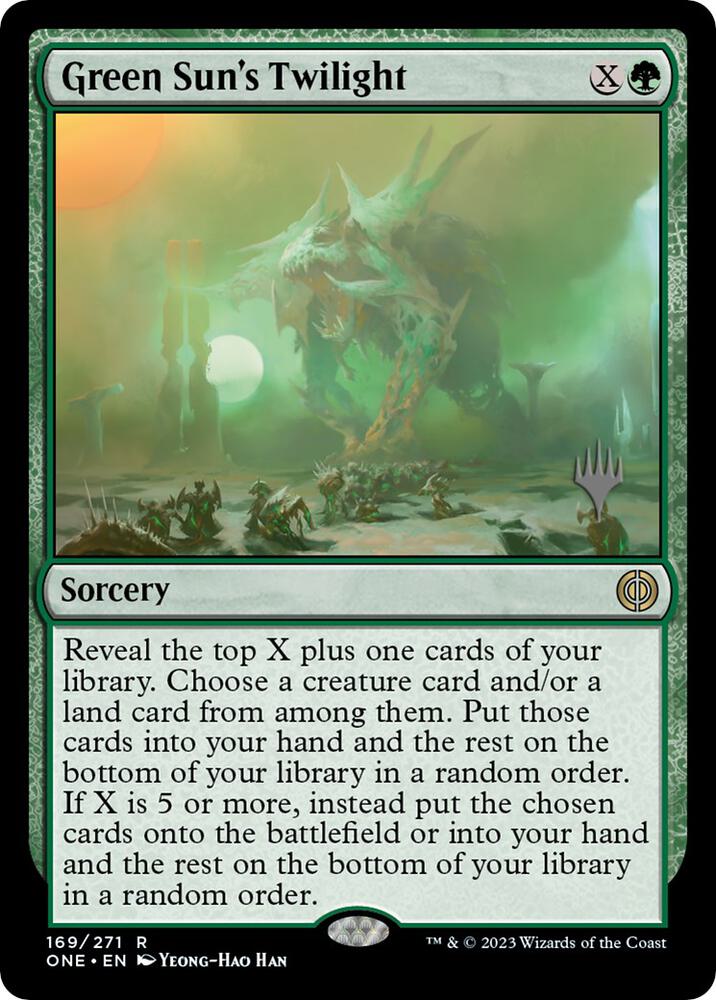 Green Sun's Twilight 169 card from Promo Pack: Phyrexia: All Will Be One