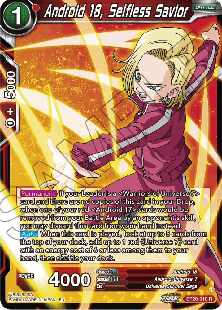 Android 18, Selfless Savior BT20-010 card from Power Absorbed