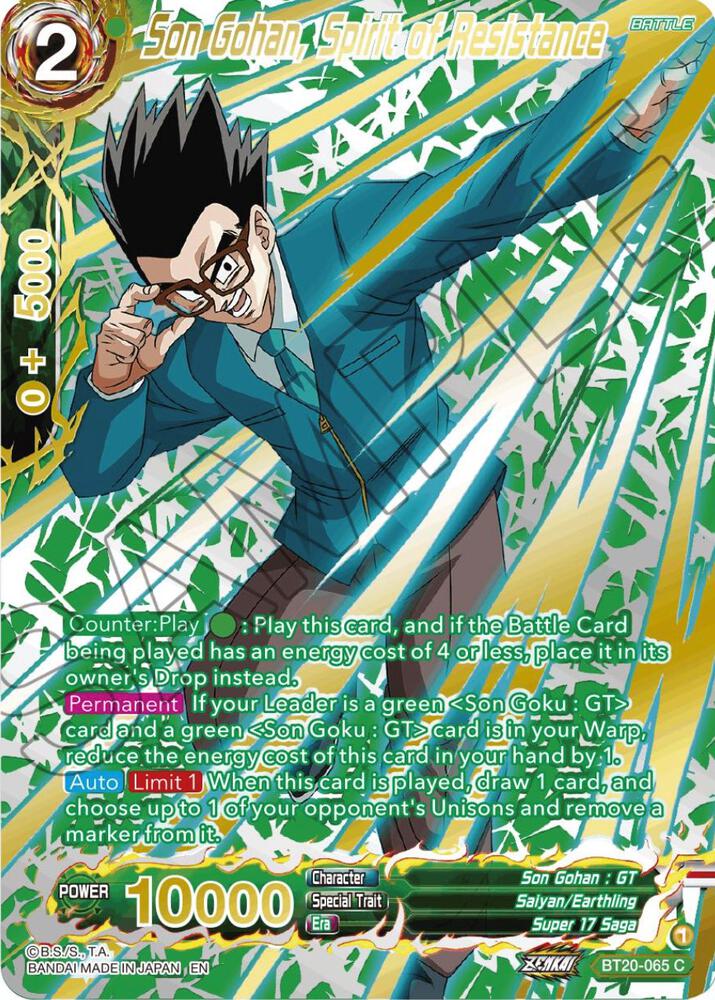Son Gohan, Spirit of Resistance (Gold-Stamped) BT20-065 card from Power Absorbed