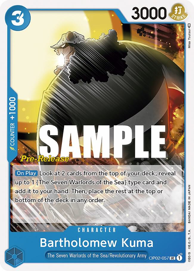 Bartholomew Kuma OP02-057 card from Paramount War Pre-Release Cards