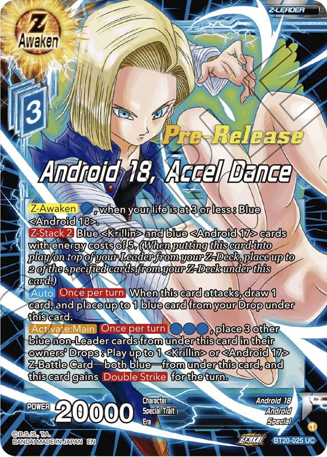 Android 18, Accel Dance BT20-025 card from Power Absorbed Pre-Release Cards