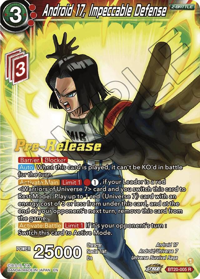 Android 17, Impeccable Defense BT20-005 card from Power Absorbed Pre-Release Cards