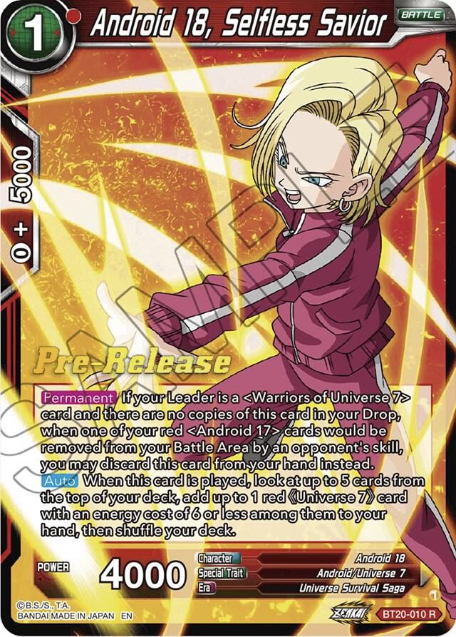 Android 18, Selfless Savior BT20-010 card from Power Absorbed Pre-Release Cards