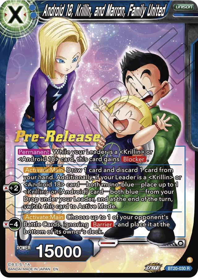 Android 18, Krillin, and Maron, Family United BT20-030 card from Power Absorbed Pre-Release Cards