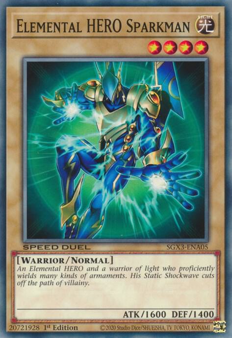 Elemental HERO Sparkman SGX3-ENA05 card from Speed Duel GX: Duelists of Shadows