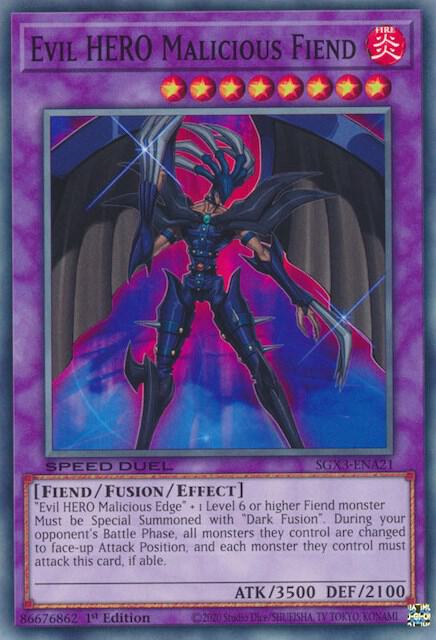 Evil HERO Malicious Fiend SGX3-ENA21 card from Speed Duel GX: Duelists of Shadows