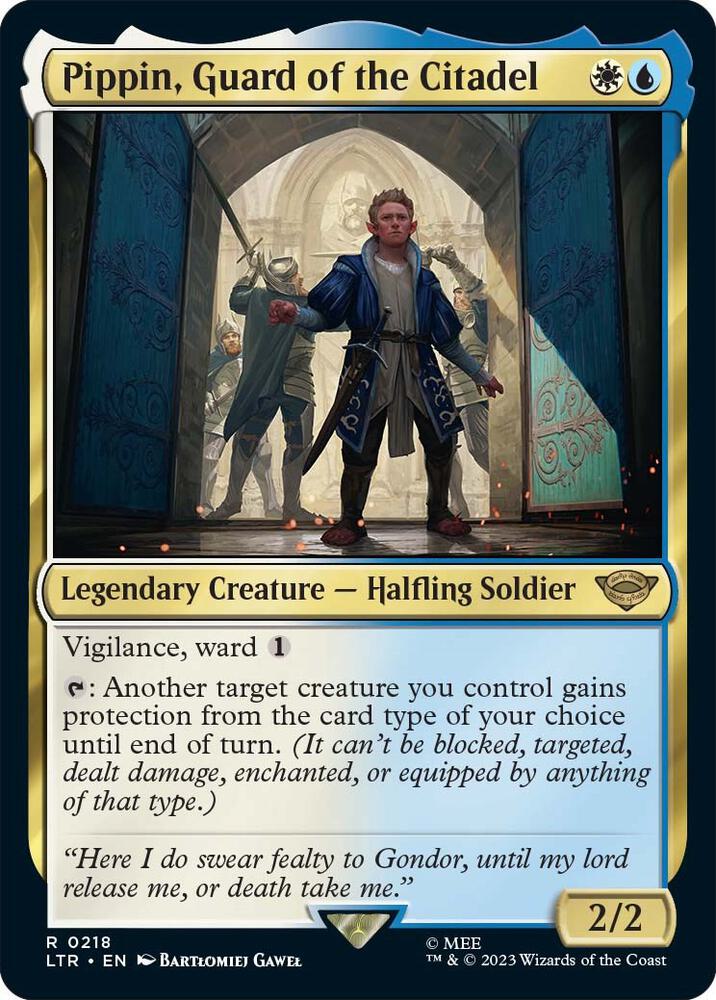 Pippin, Guard of the Citadel 218 card from Universes Beyond: The Lord of the Rings: Tales of Middle-earth