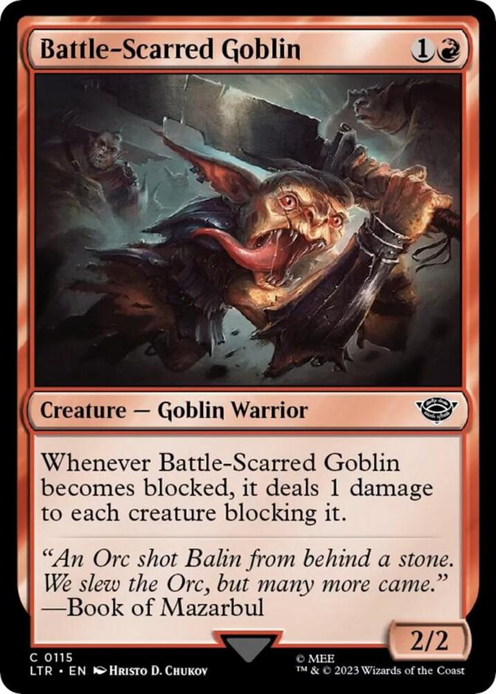 Battle-Scarred Goblin 115 card from Universes Beyond: The Lord of the Rings: Tales of Middle-earth