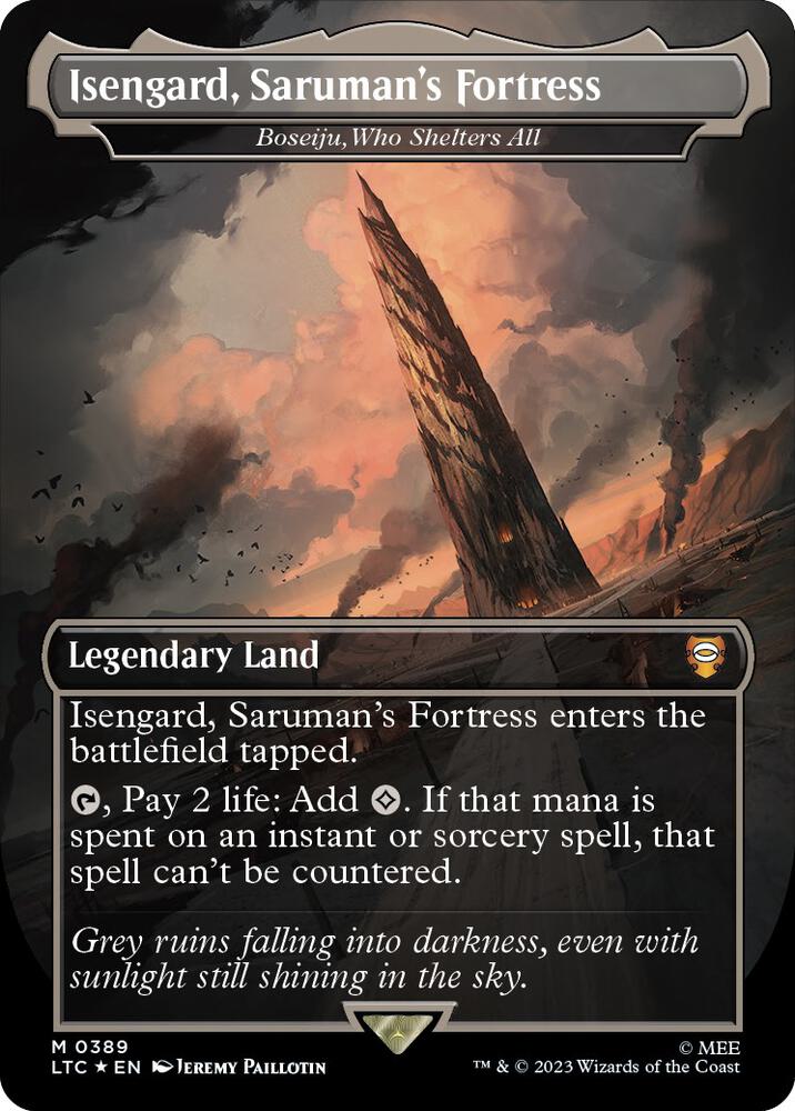 Isengard, Saruman's Fortress - Boseiju, Who Shelters All (Borderless) (Surge Foil) 389 card from Commander: The Lord of the Rings: Tales of Middle-earth