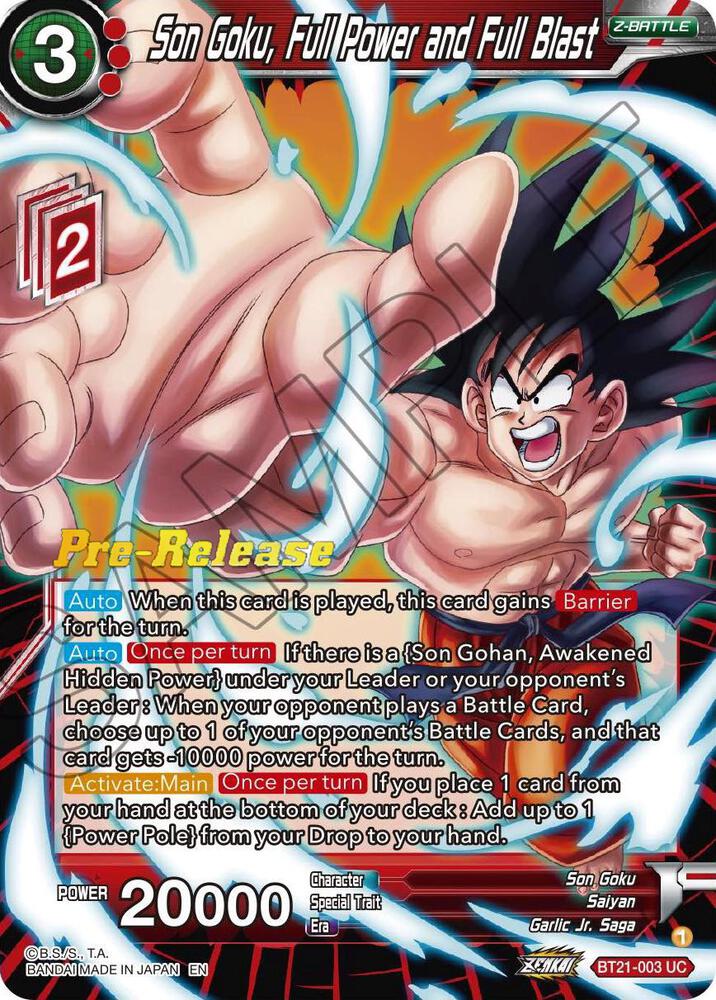Son Goku, Full Power and Full Blast BT21-003 card from Wild Resurgence Pre-Release Cards