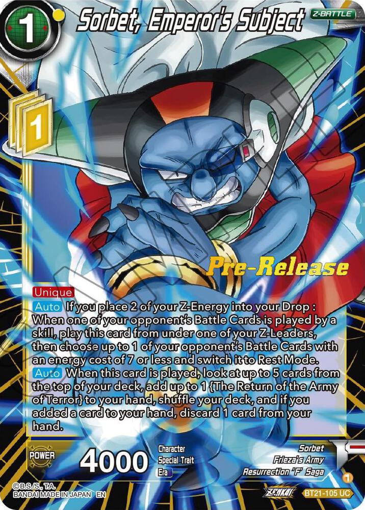 Sorbet, Emperor's Subject BT21-105 card from Wild Resurgence Pre-Release Cards