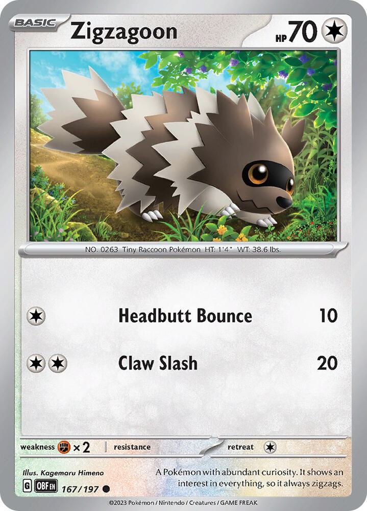 Zigzagoon 167/197 card from SV03: Obsidian Flames